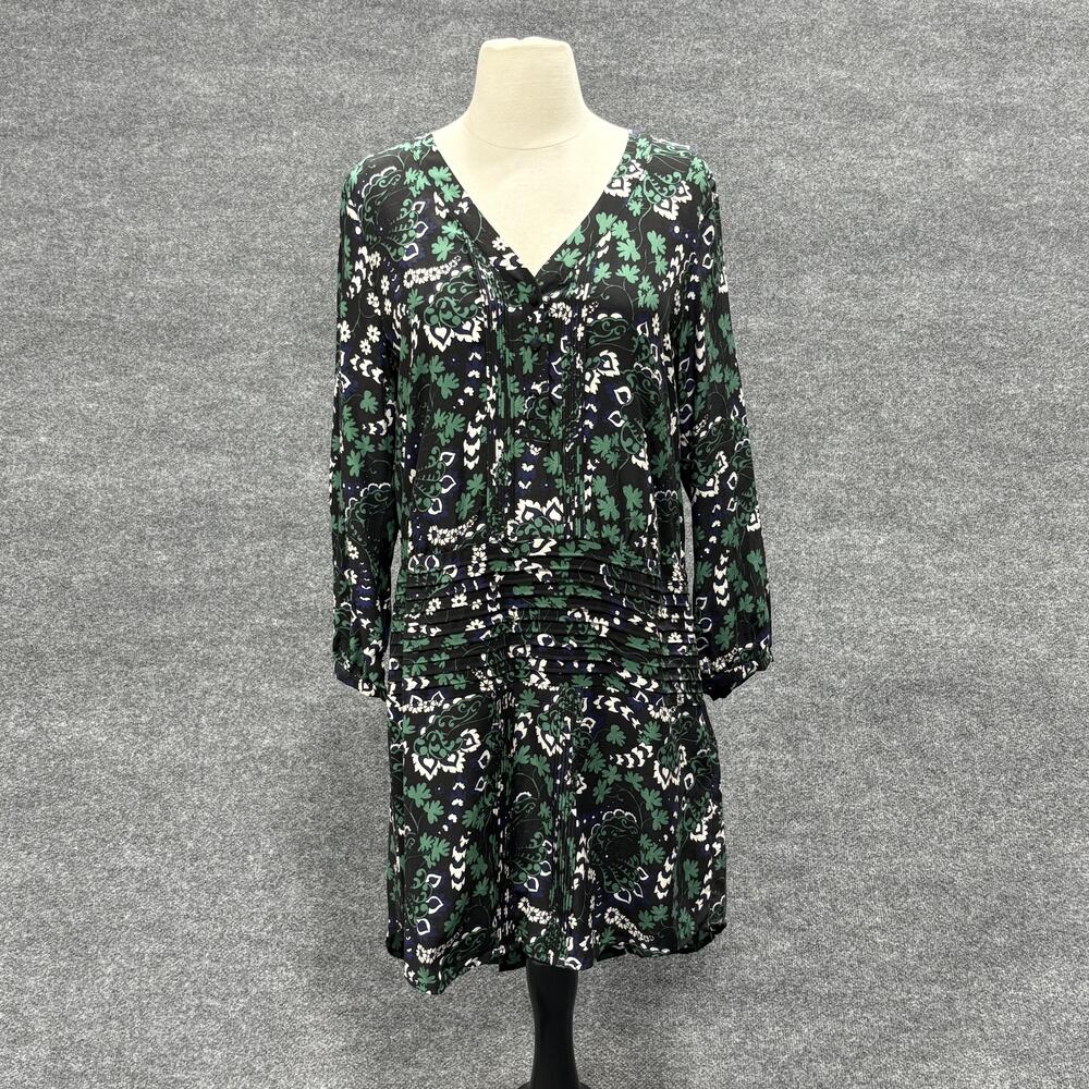 Veronica Beard Dress Womens 8 Black Green Elm Shirt Dress 100% Silk Floral Print